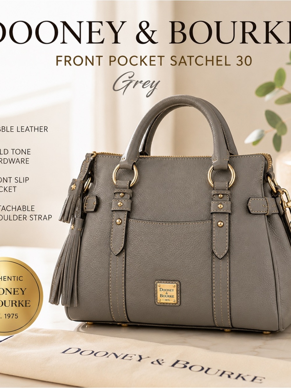 Dooney & Bourke Satchel 30 Grey Sorrento Leather With Pocket NWT $508 MSRP - Picture 3 of 16